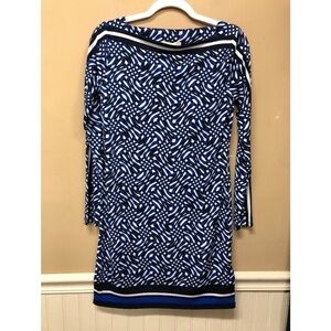 MICHAEL KORS MERCEER LONG SLEEVE BORDER PRINT SLINKY JERSEY SHIFT DRESS PETITE S